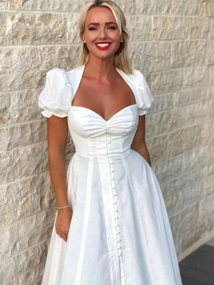 Tea-Length Fit & Flare White Dress for Spring Events