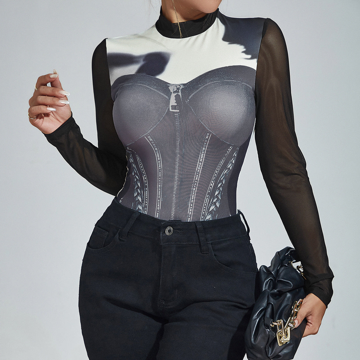 Casual Artistic Corset Print Top with Mesh Sleeves | Bodysuits