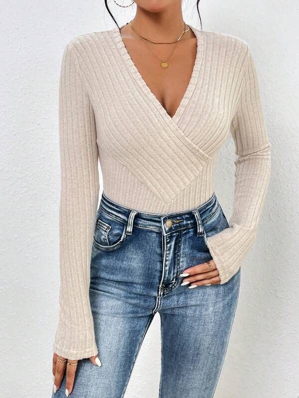 Long Sleeve Bodysuit with Wrap Neckline | Bodysuits