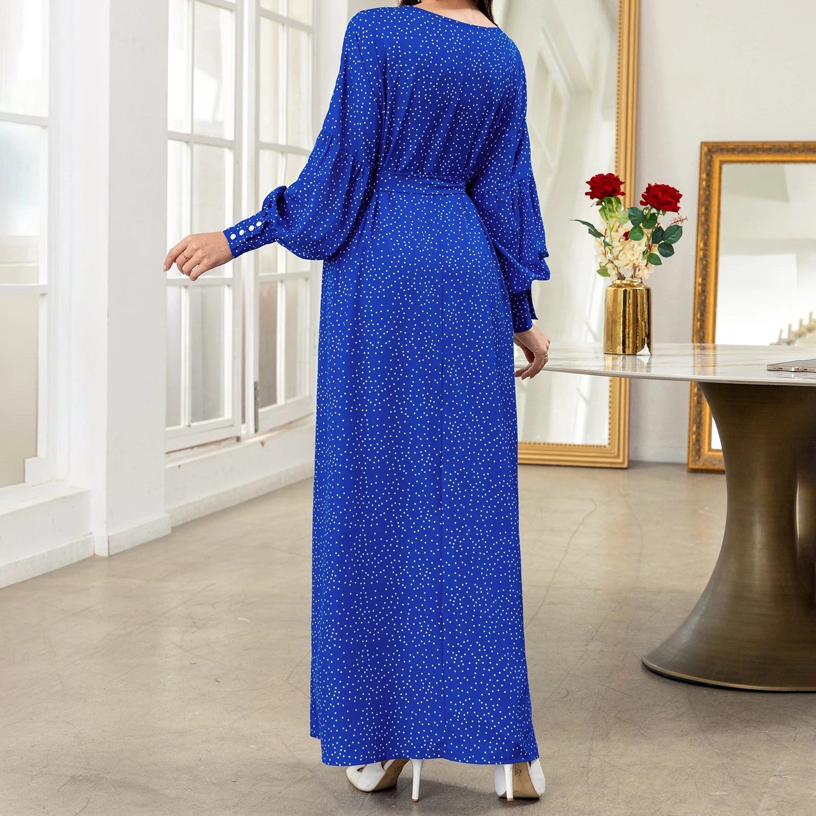 Blue Polka Dot Maxi Dress – Versatile Day to Evening Wear | A-Line Dresses