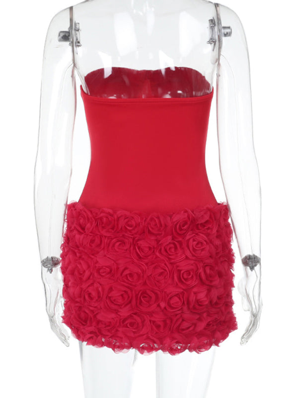 Red Bustier Mini Dress | Floral Evening Attire | Strapless Dresses