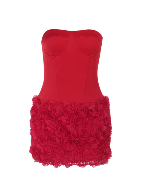 Red Bustier Mini Dress | Floral Evening Attire | Strapless Dresses