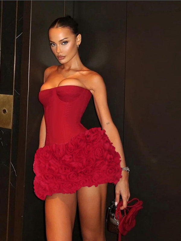 Red Bustier Mini Dress | Floral Evening Attire | Strapless Dresses