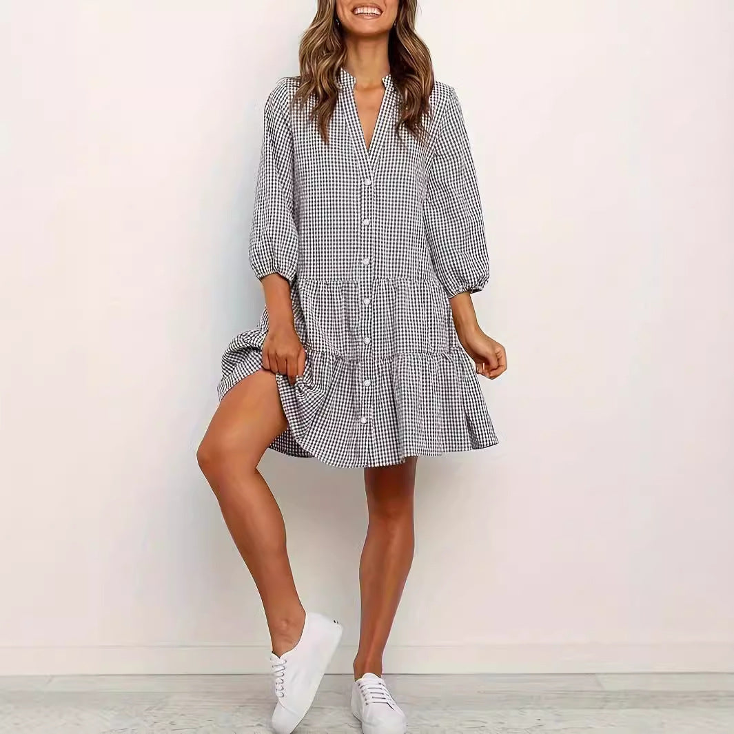 Trendy Notch Lapel Plaid Short Dress | Casual Dresses