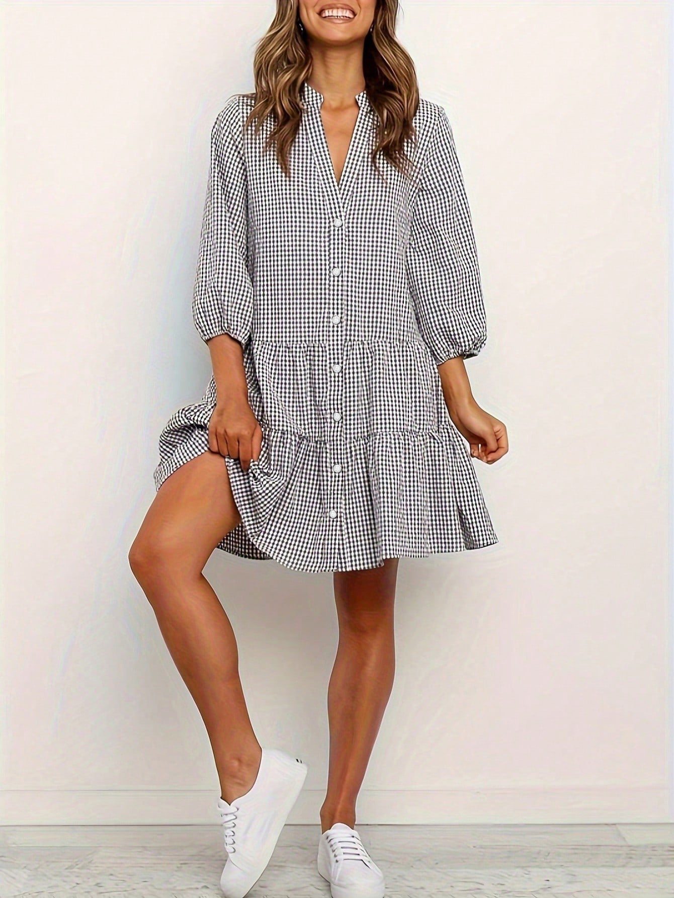 Trendy Notch Lapel Plaid Short Dress | Casual Dresses