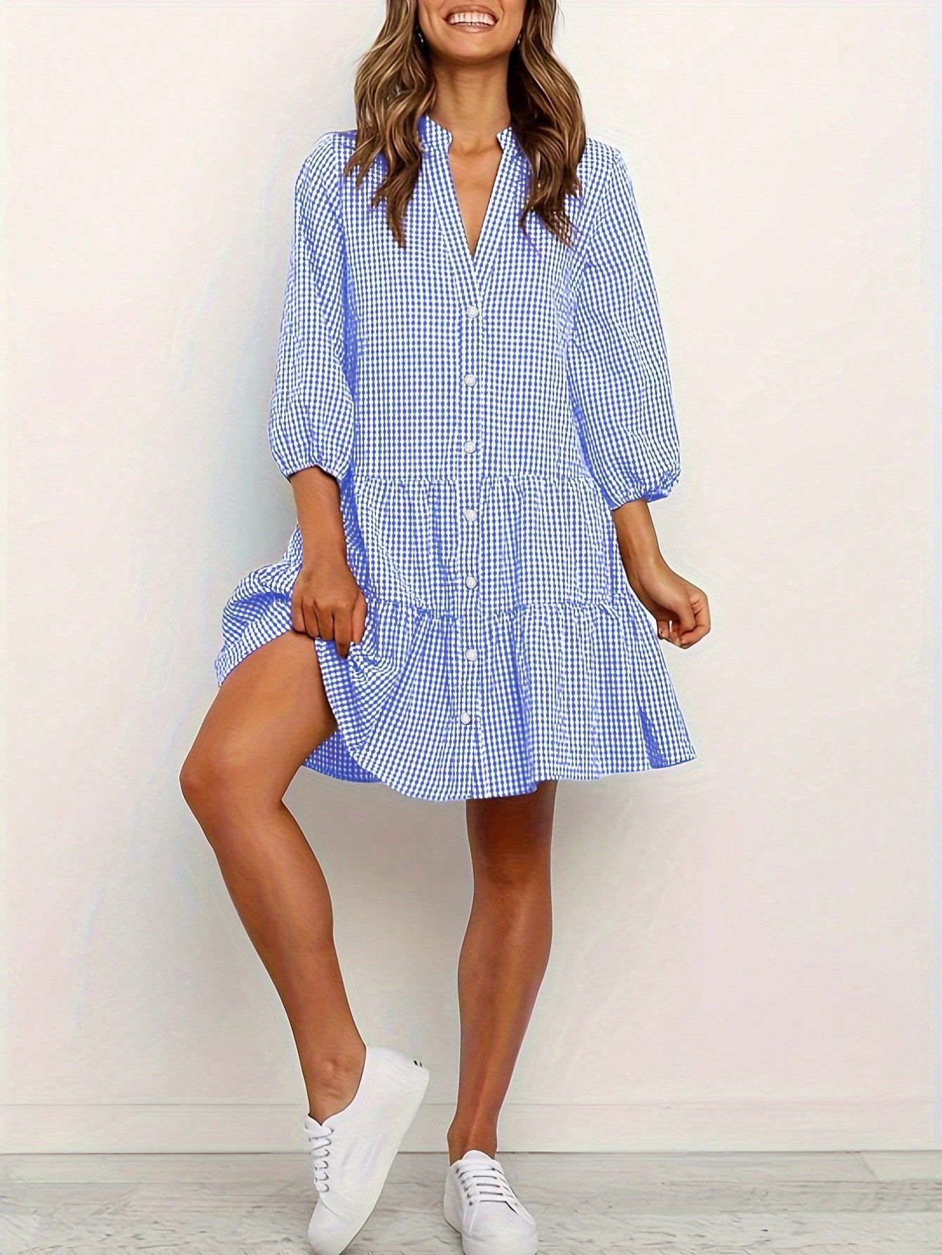 Trendy Notch Lapel Plaid Short Dress | Casual Dresses