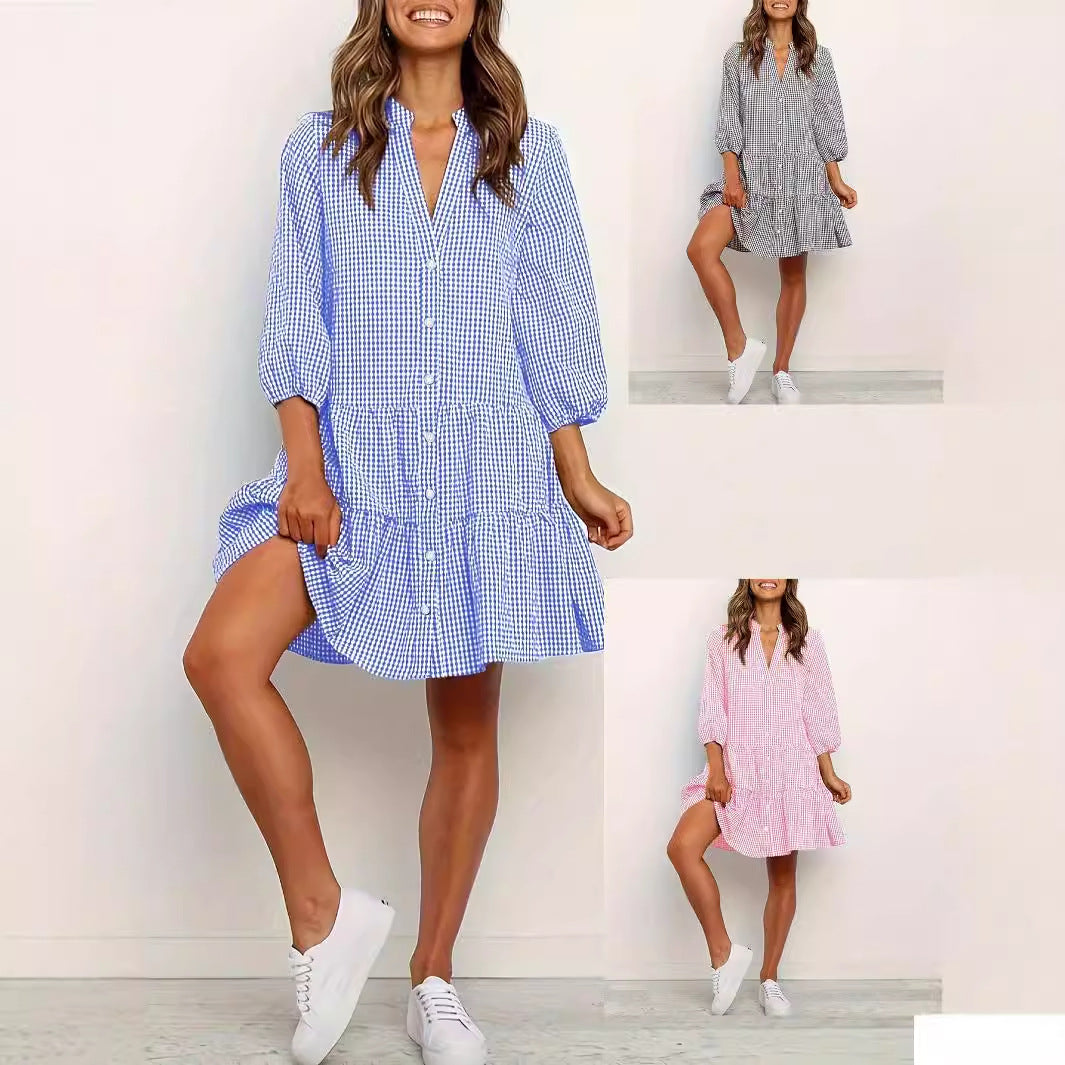 Trendy Notch Lapel Plaid Short Dress | Casual Dresses