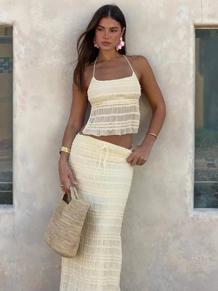 Resort Wear – Ruched Maxi Skirt & Halter Crop Top