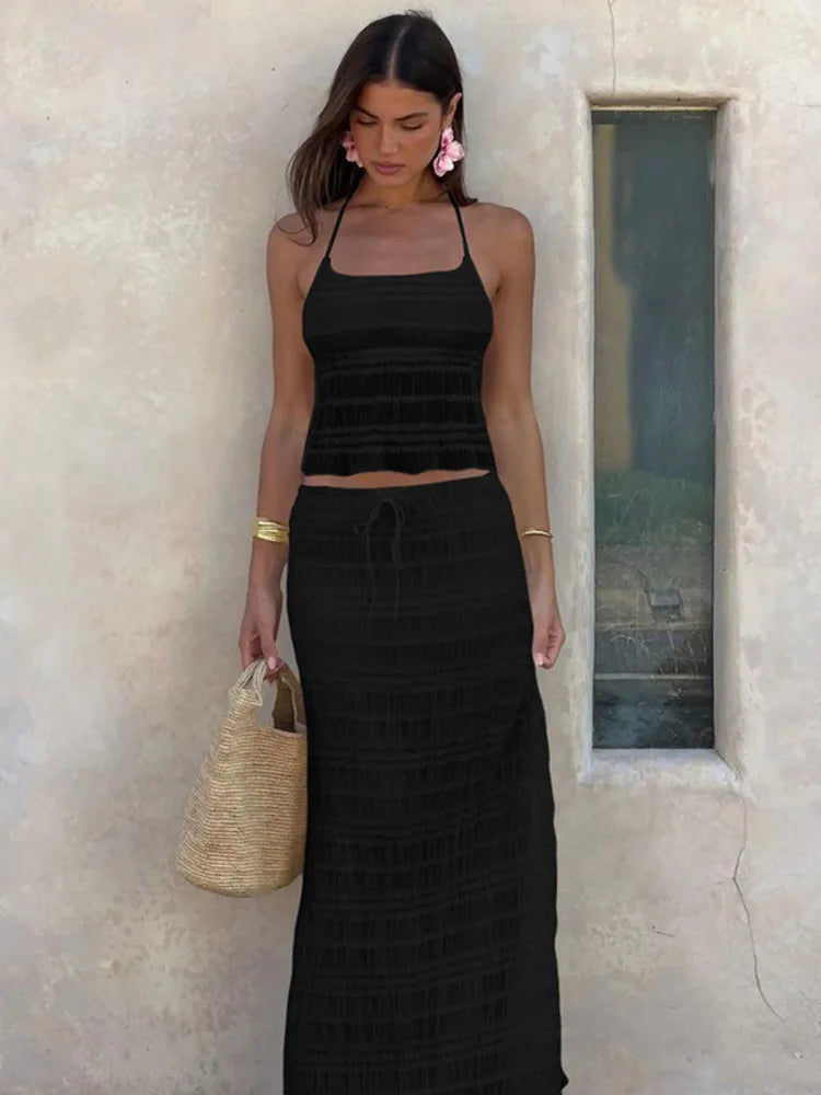 Resort Wear – Ruched Maxi Skirt & Halter Crop Top | Matching Sets