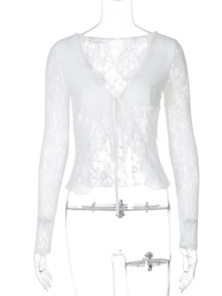 Sheer Lace Tie-Front Blouse for Versatile Styling | Blouses