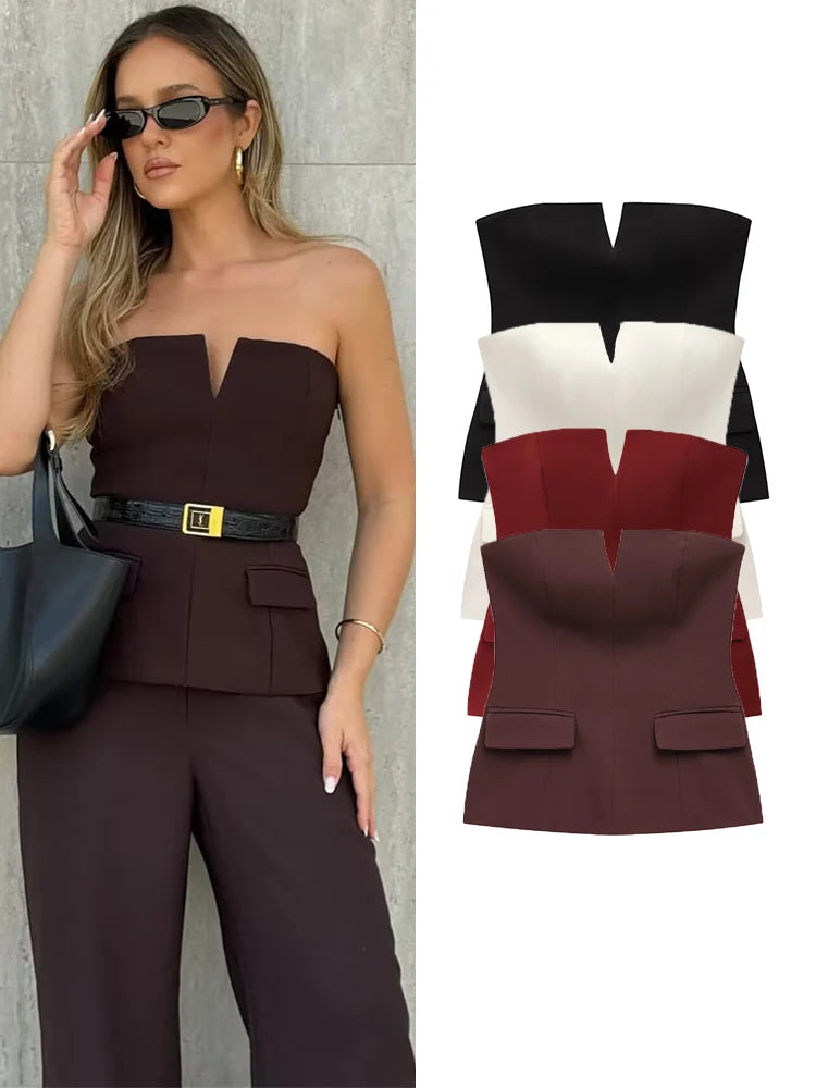 Strapless Office Top with Flap Pockets