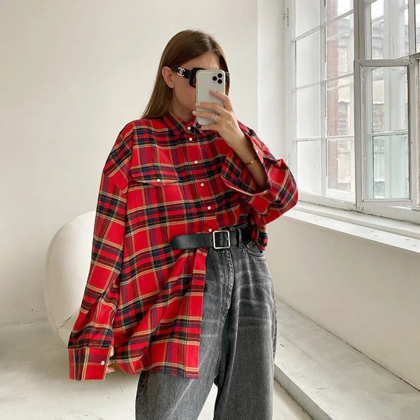 Red Plaid Long-Sleeve Shirt for Women - Casual &amp; Comfy | Shirts