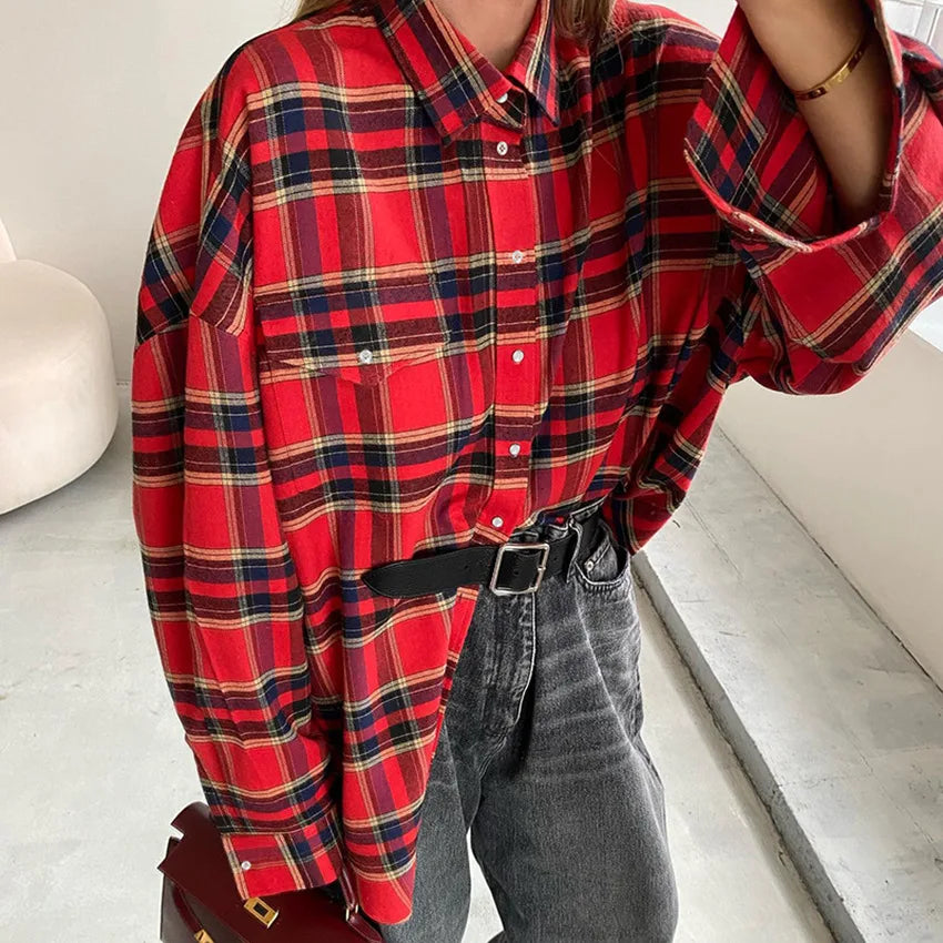 Red Plaid Long-Sleeve Shirt for Women - Casual &amp; Comfy | Shirts