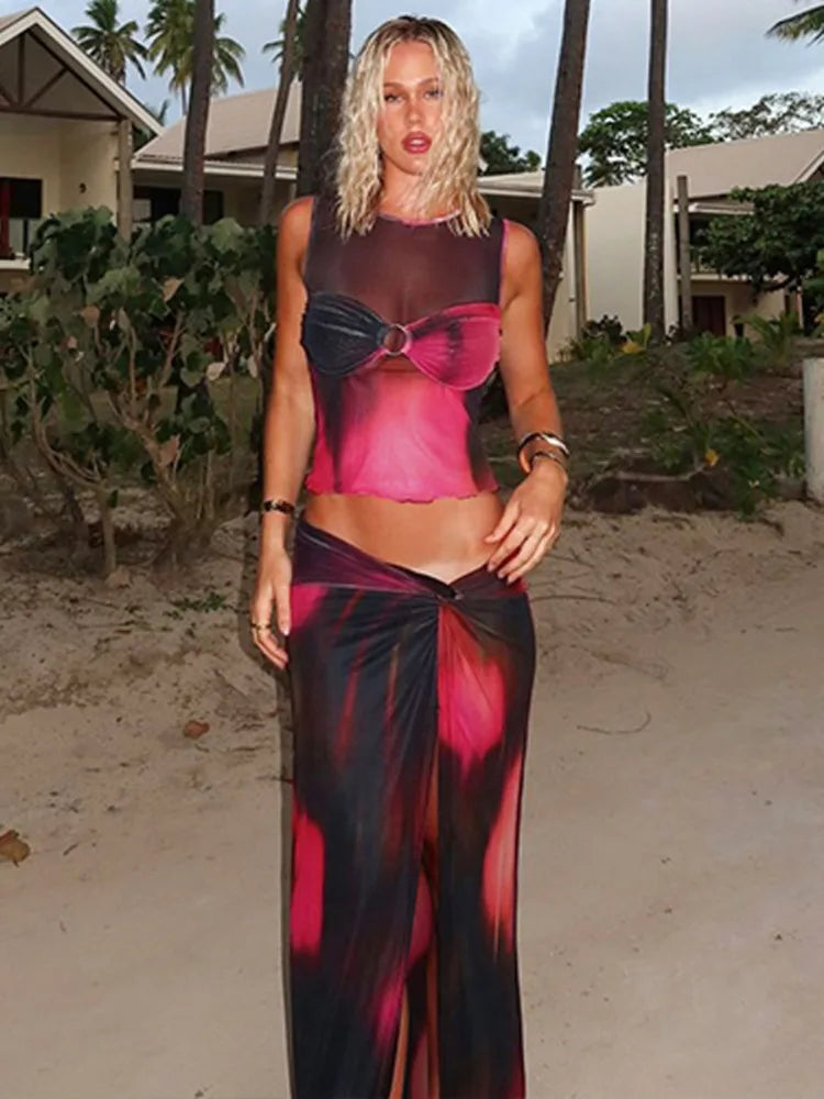 Artistic Abstract Mesh Sarong Set for Casual Outings | Matching Sets