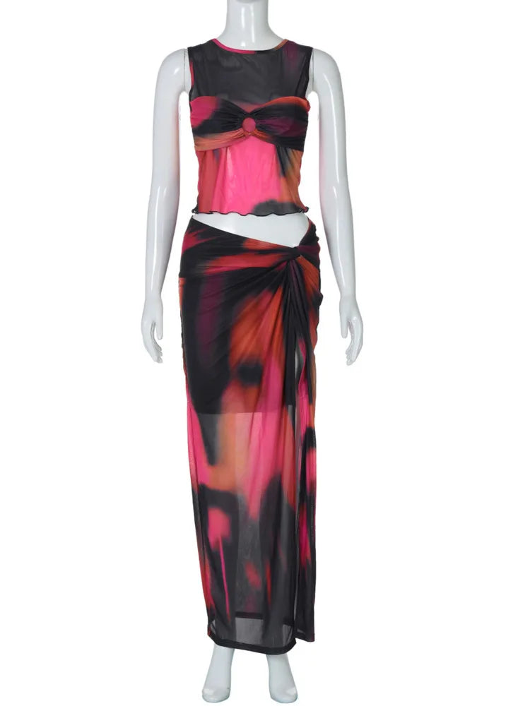 Artistic Abstract Mesh Sarong Set for Casual Outings | Matching Sets