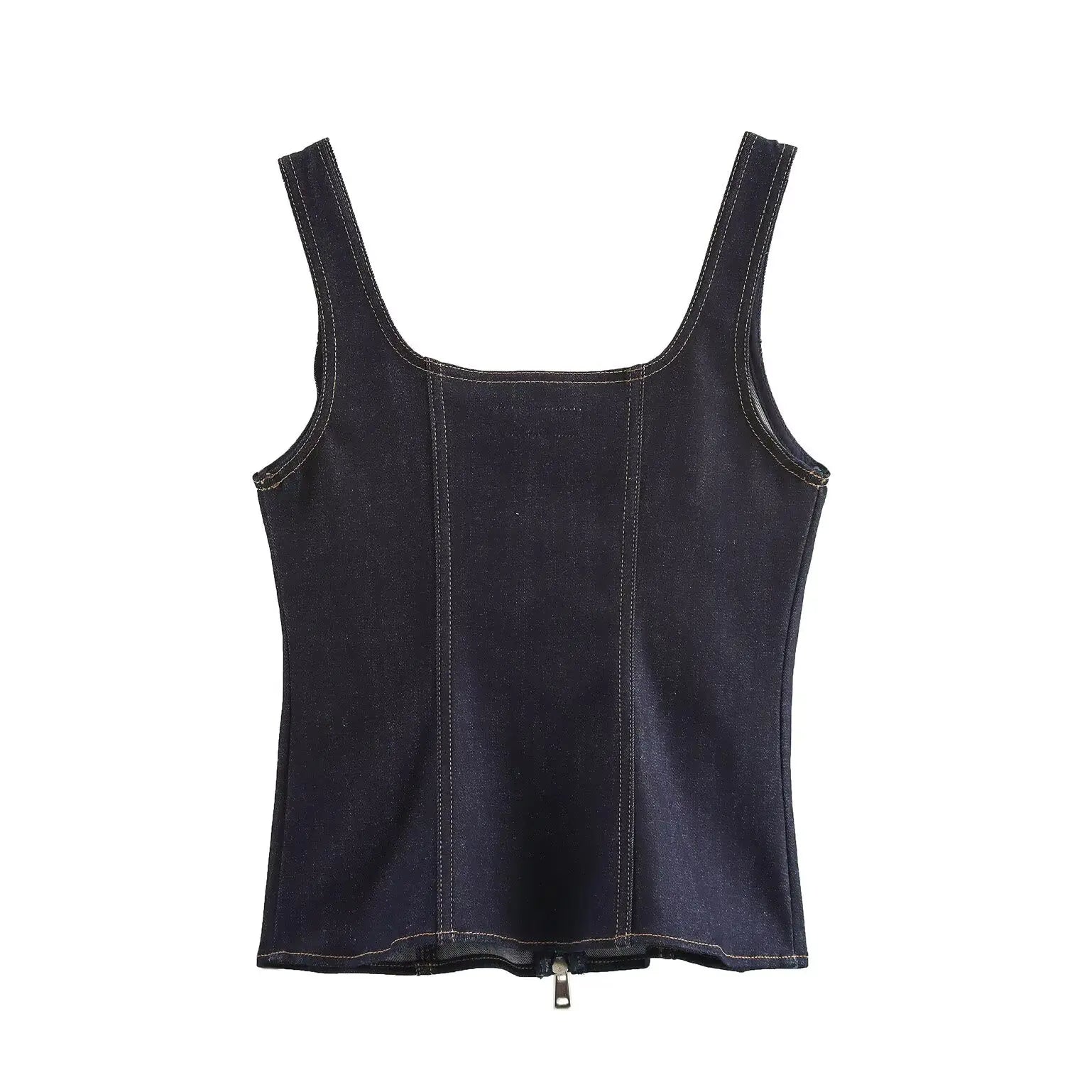 Women’s Sleeveless Denim Top with Front Zipper