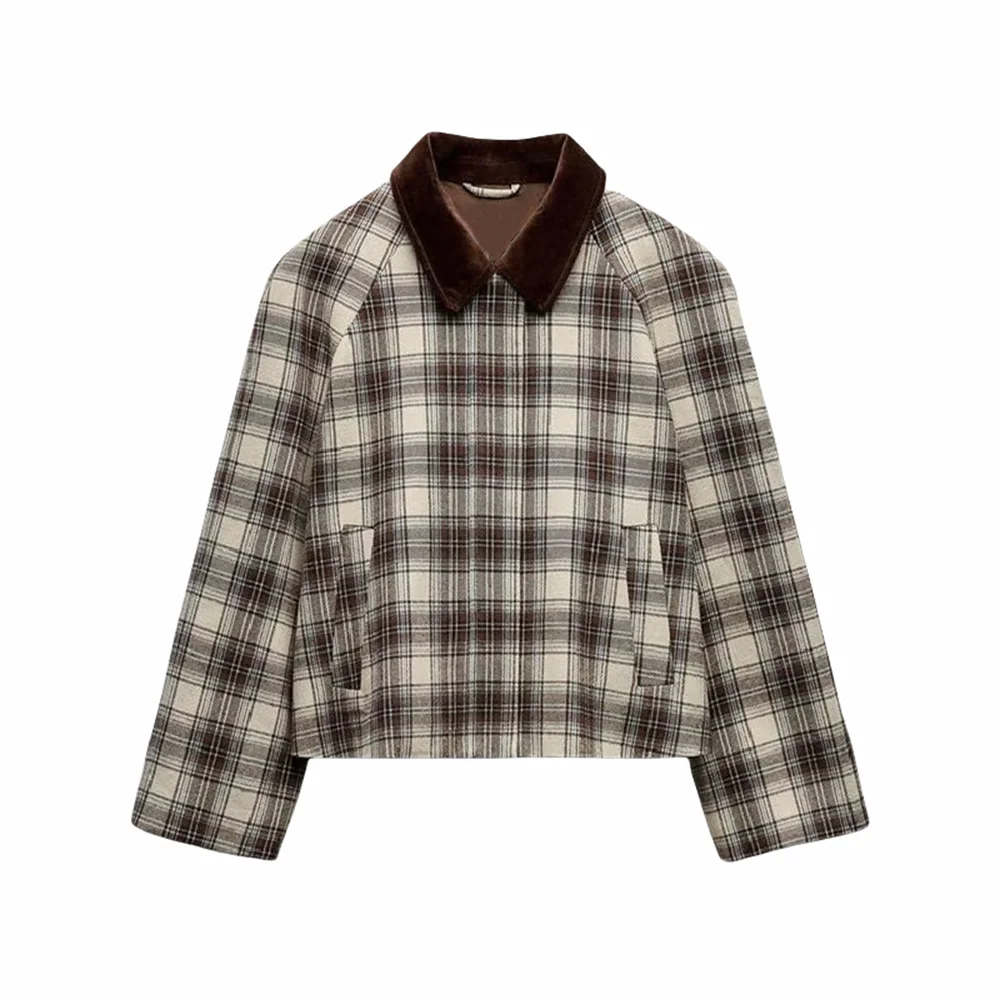 Women's Zip-Up Plaid Jacket with Velvet Touch