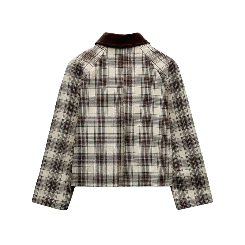 Women's Zip-Up Plaid Jacket with Velvet Touch | Jackets