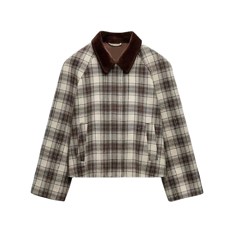 Women's Zip-Up Plaid Jacket with Velvet Touch | Jackets