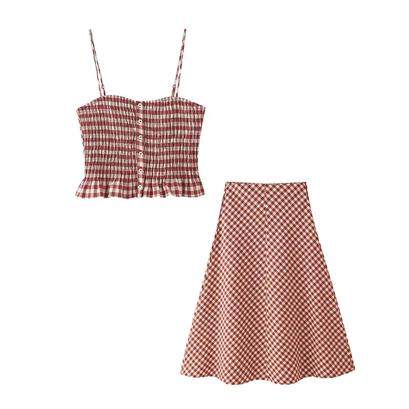 Women's Plaid Shirred Top and A-Line Skirt Set | Matching Sets