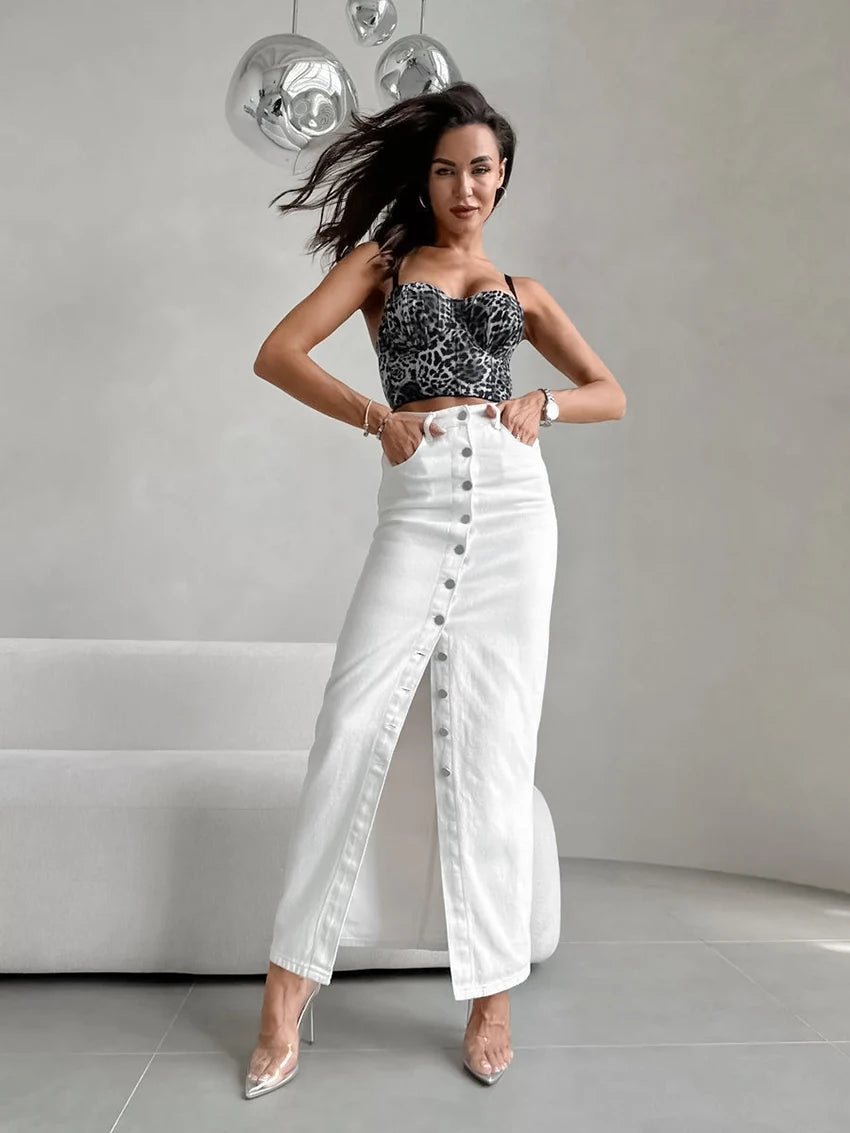 Elegant White Buttoned Skirt for Day-to-Night