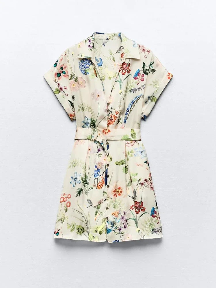 Vibrant Floral Print Casual Dress with Belt | A-Line Dresses