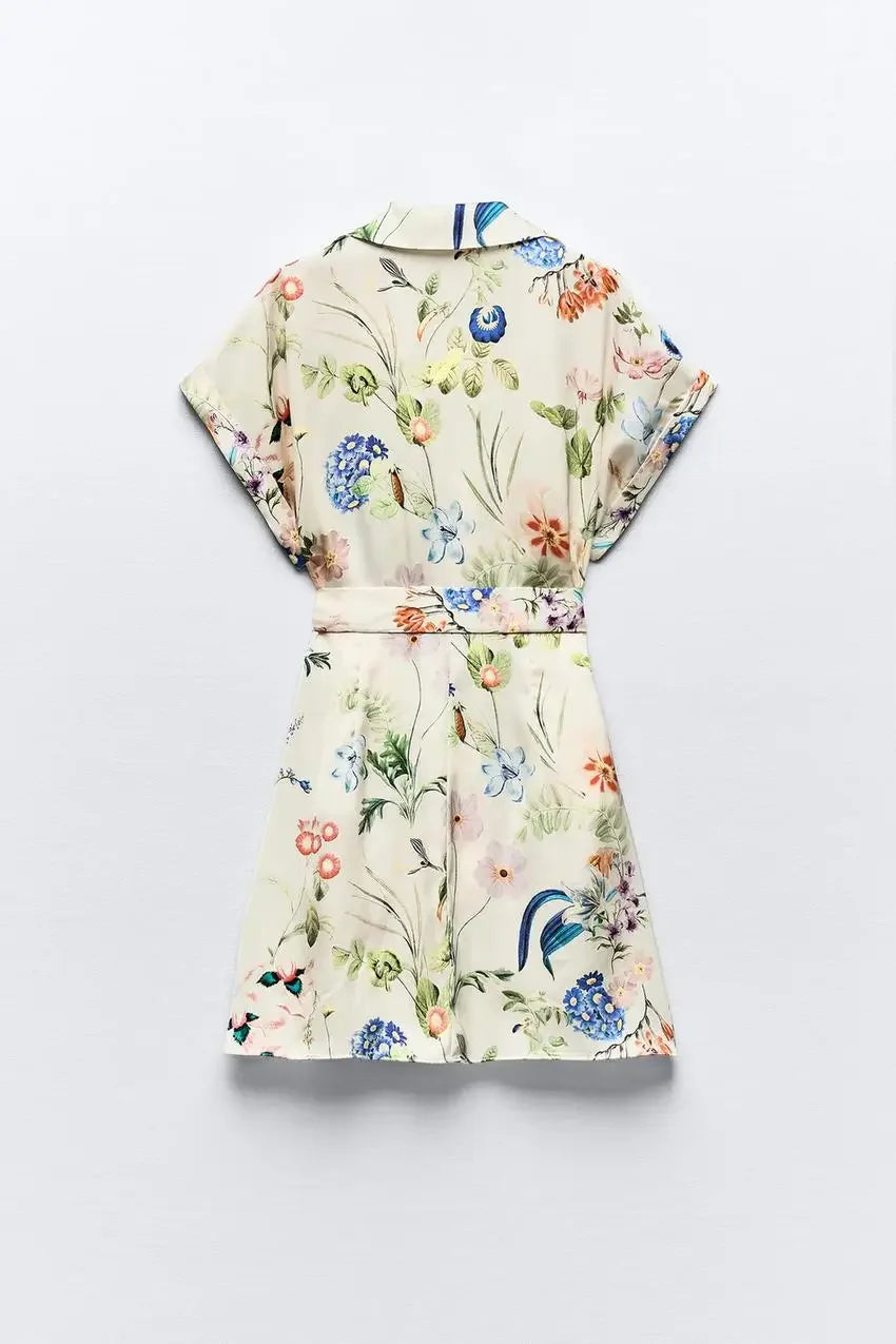 Vibrant Floral Print Casual Dress with Belt | A-Line Dresses