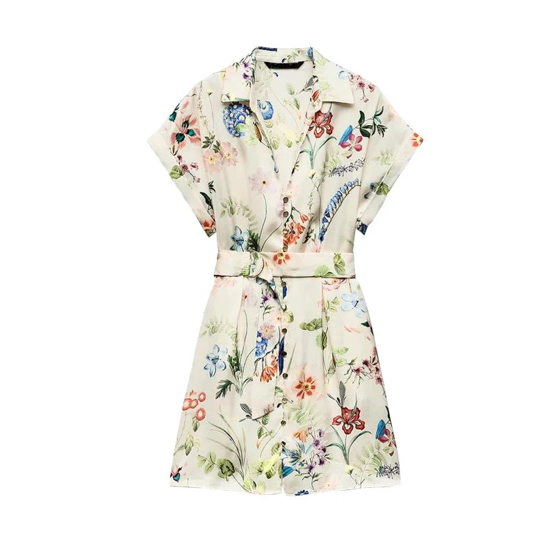 Vibrant Floral Print Casual Dress with Belt | A-Line Dresses