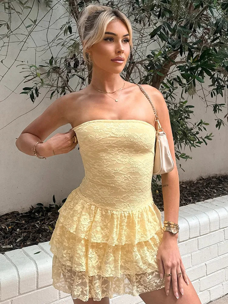 Yellow Strapless Lace Dress for Clubbing | Tube Dresses