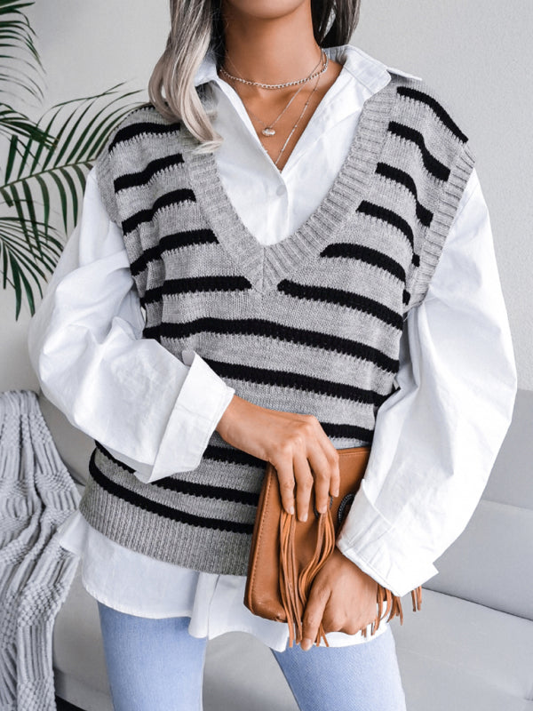 Casual Striped Knit V-Neck Vest for Women | Sweater Vests