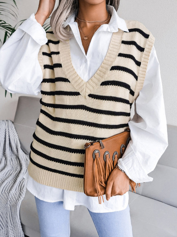 Casual Striped Knit V-Neck Vest for Women | Sweater Vests