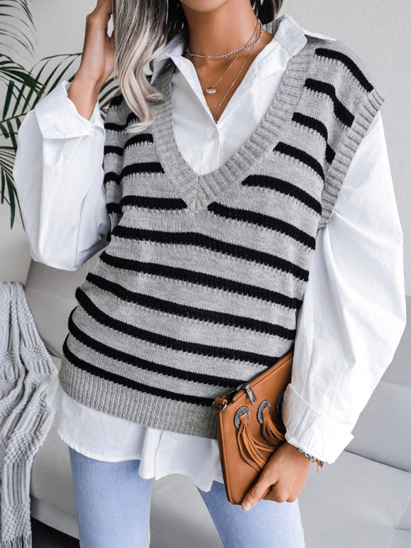 Casual Striped Knit V-Neck Vest for Women | Sweater Vests