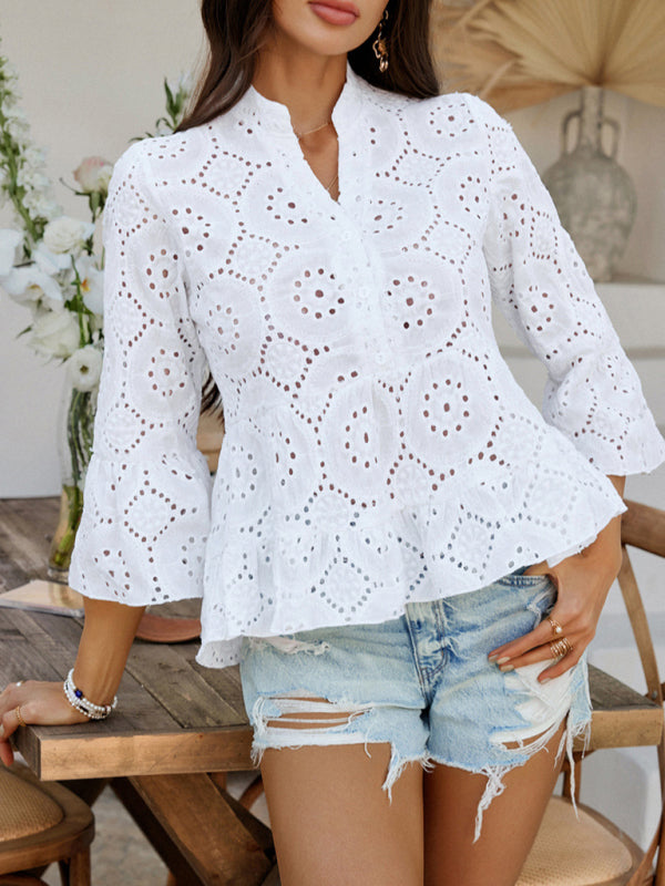 White Eyelet Bell Sleeve Blouse for Trendy Outfits