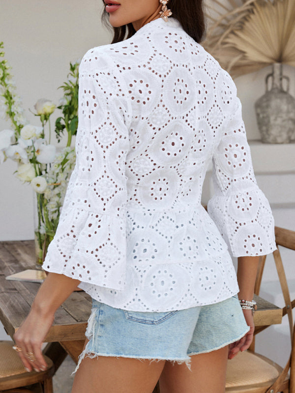 White Eyelet Bell Sleeve Blouse for Trendy Outfits | Blouses