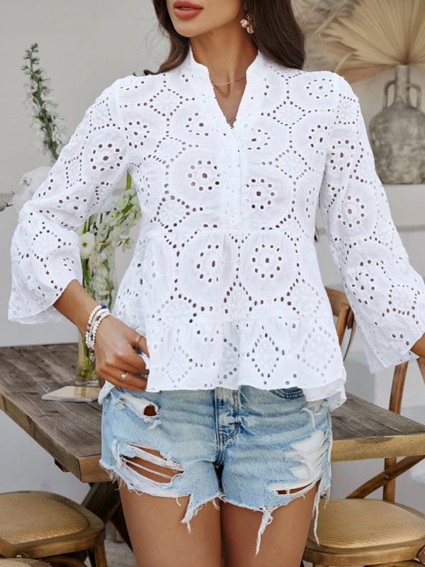 White Eyelet Bell Sleeve Blouse for Trendy Outfits | Blouses