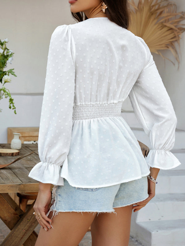 Peplum Blouse with Lace Detail and Puff Sleeves | Blouses