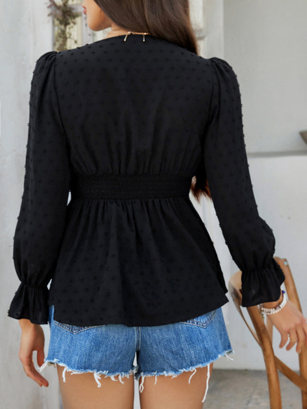 Peplum Blouse with Lace Detail and Puff Sleeves | Blouses