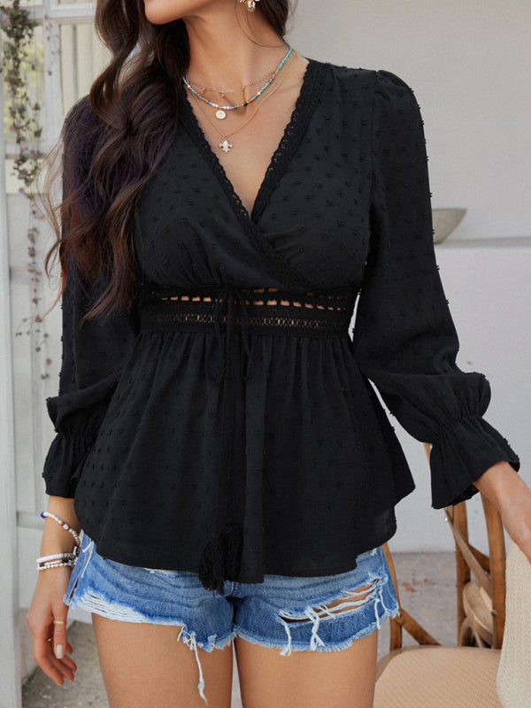 Peplum Blouse with Lace Detail and Puff Sleeves | Blouses