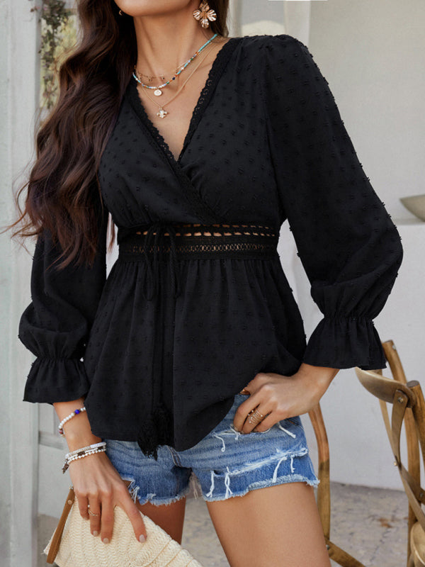 Peplum Blouse with Lace Detail and Puff Sleeves | Blouses