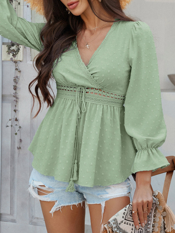 Peplum Blouse with Lace Detail and Puff Sleeves | Blouses