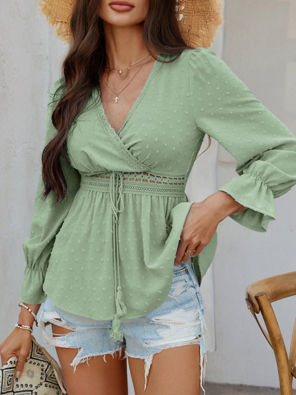 Peplum Blouse with Lace Detail and Puff Sleeves | Blouses