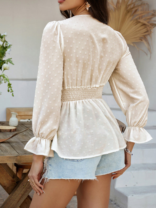 Peplum Blouse with Lace Detail and Puff Sleeves | Blouses