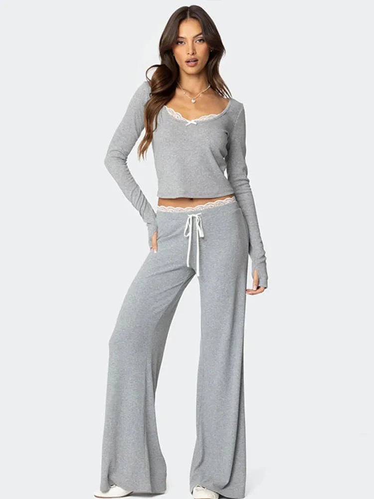 Casual Lace-Trimmed Top and Pants Set for Women