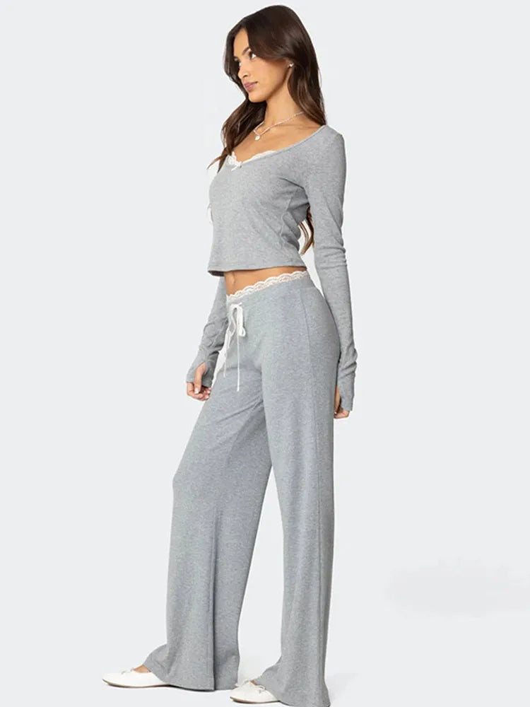 Casual Lace-Trimmed Top and Pants Set for Women | Loungewear