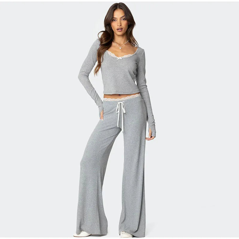 Casual Lace-Trimmed Top and Pants Set for Women | Loungewear