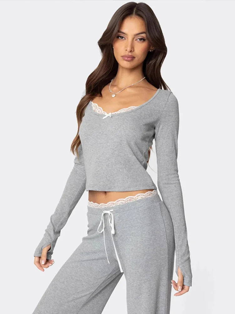 Casual Lace-Trimmed Top and Pants Set for Women | Loungewear