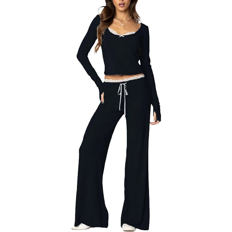 Casual Lace-Trimmed Top and Pants Set for Women | Loungewear