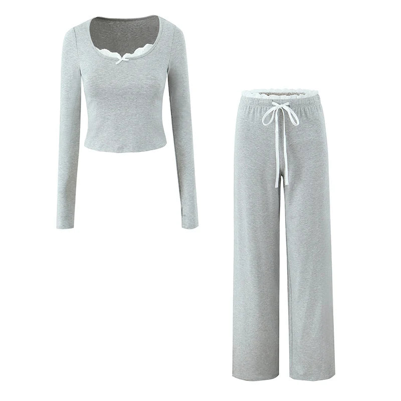 Casual Lace-Trimmed Top and Pants Set for Women | Loungewear