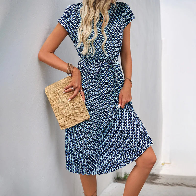 Women's Belted Geometric Knee-Length Dress