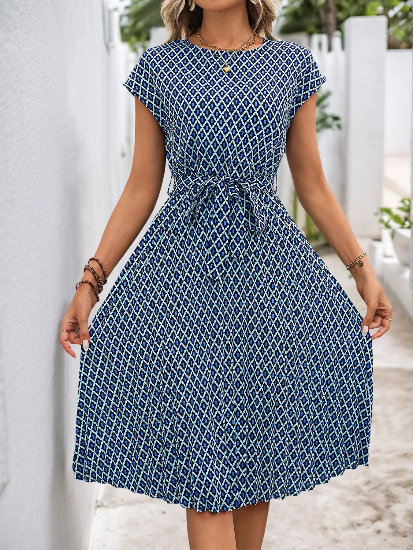 Women's Belted Geometric Knee-Length Dress | Casual Dresses